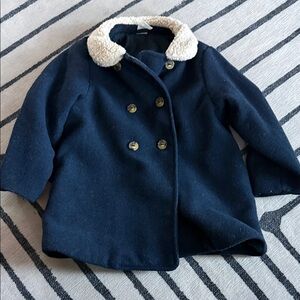 Navy Blue Kids pea Coat with White shearling Collar